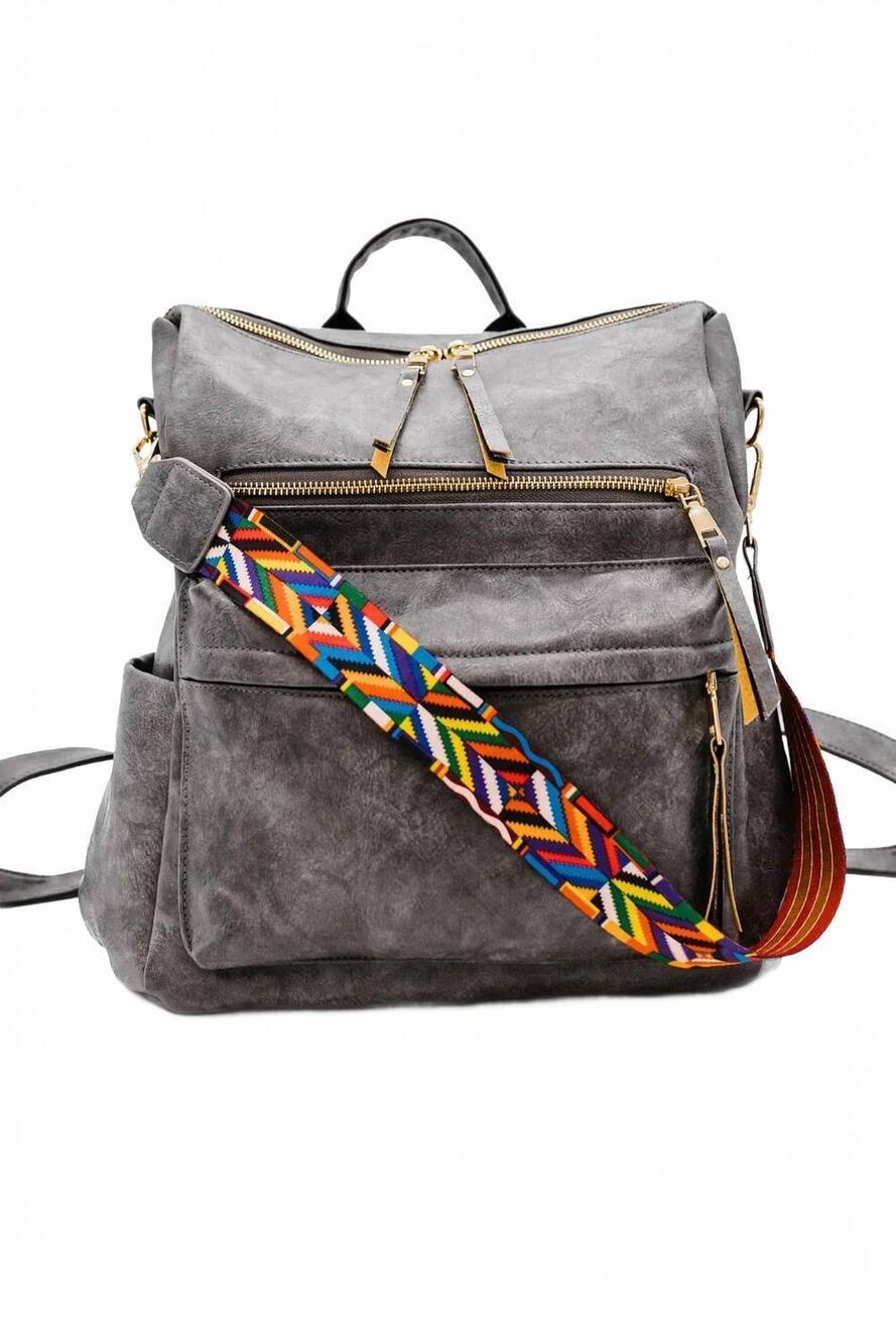 NEW THE CLASSY CLOTH women's chloe convertible backpack in gray- brown geo